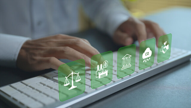 Global environmental law and compliance concept. Person typing keyboard with justice and ecology icons, international regulations, sustainable governance and environmental protection policies.