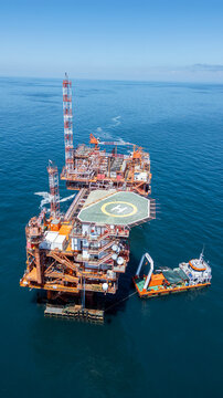 Aerial view of the Ivana A offshore gas platform with a support vessel moored alongside in the Adriatic Sea, Croatia.