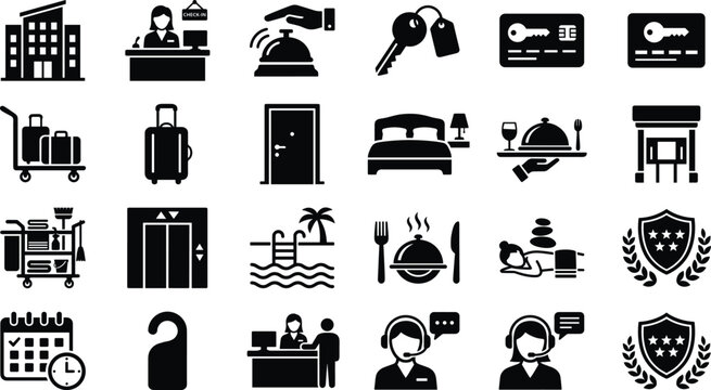 Hotel service and hospitality accommodation icon set featuring black silhouettes of reception desks luggage keys room service swimming pools spa massage and vacation travel pictograms