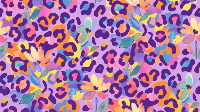 Vibrant artistic illustration featuring an exotic leopard print texture combined with playful naive floral motifs, a seamless abstract animal hide pattern for textile design.