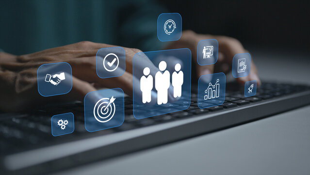 Business teamwork system concept. Person typing keyboard with collaboration and communication icons, team coordination, workflow management and organizational productivity.