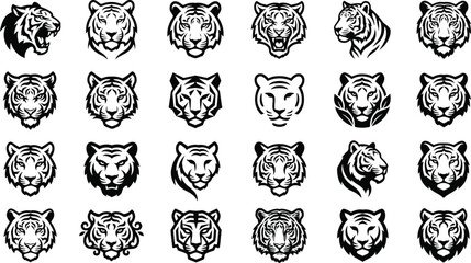 Tiger head logo and wild cat face icon set featuring black tribal line art silhouettes of roaring tigers predators and majestic wildlife mascot pictograms © Rajkumar