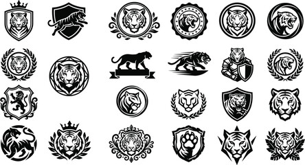 Tiger crest logo and wild cat shield emblem set featuring black silhouettes of roaring panthers predators circular sports badges and military mascot corporate identity pictograms © Rajkumar