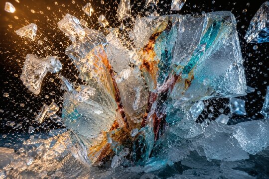 Colorful ice chunks exploding in mid air with dynamic lighting