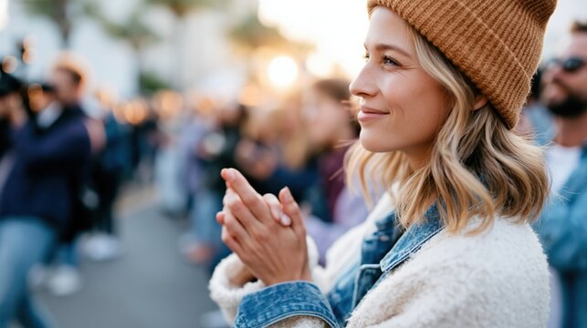 A light-hearted woman, wearing a beanie, claps at a bustling outdoor festival, embodying the spirit of joy and connection among a crowd enjoying a celebratory atmosphere.