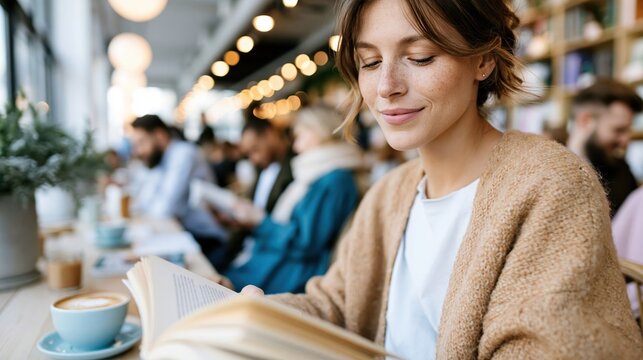 A content woman sits at a trendy cafe, reading a book with a warm cup of coffee, perfectly capturing a moment of relaxation and joy surrounded by a stylish ambiance.