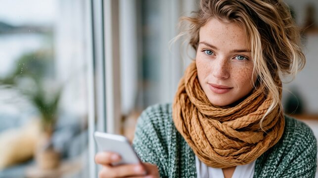 A beautiful young woman relaxed at home, holding her phone and wrapped in a warm tan scarf, radiating warmth and comfort while embodying a lifestyle of ease and intimacy.