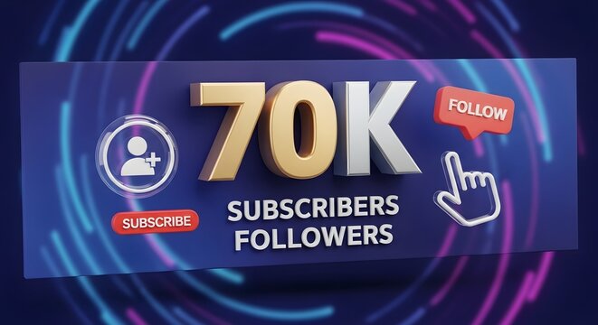 Digital notification panel displays 70k subscribers and followers with interactive buttons and a cursor icon over a swirling light background.