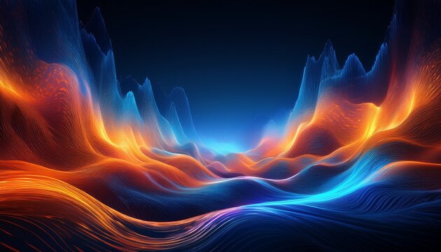 Abstract Digital Landscape With Glowing Blue And Orange Energy Waves