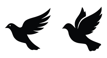 Fototapeta premium Two black silhouette doves in flight on white background