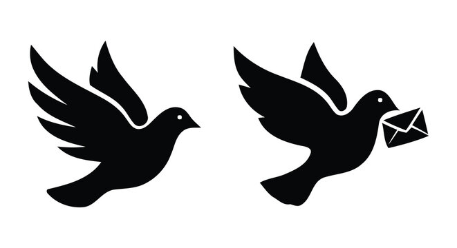 Black silhouette of two doves in flight one carrying an envelope