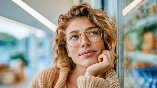 A contemplative woman wearing glasses leans on her hand, reflecting on life as she gazes out of a window, exuding warmth, curiosity, and a sense of wonder.