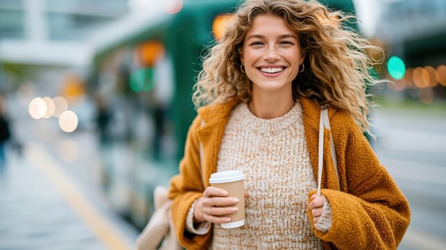 A smiling woman in a cozy sweater holds a coffee cup, radiating joy and confidence amidst an urban setting, capturing the essence of everyday happiness and style.