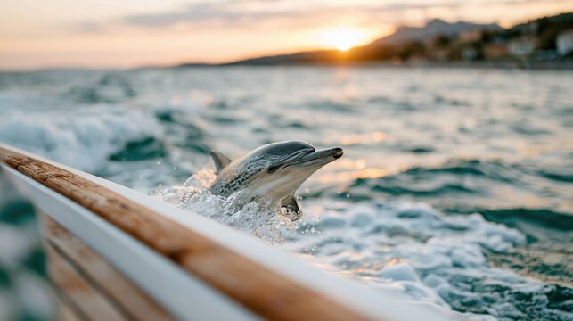 A majestic dolphin leaps gracefully from sparkling waters during sunset, showcasing the beauty of marine life and the natural environment in a tranquil seascape.