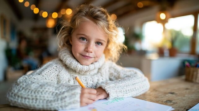 A young girl with curly hair is focused on drawing with a pencil while wearing a cozy sweater, representing creativity and innocence in a beautifully decorated space.