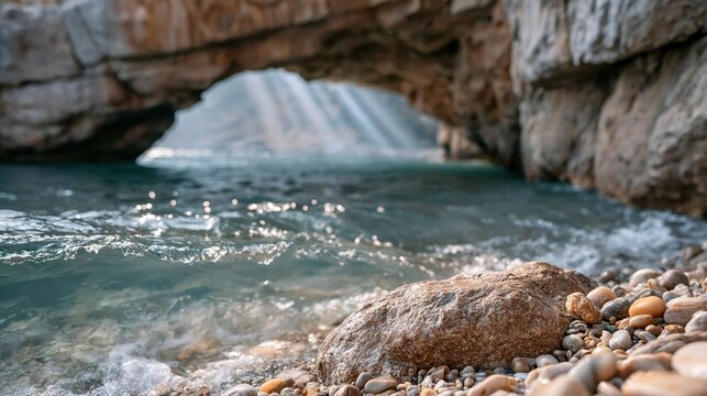 A tranquil view of a rocky shoreline where gentle waves lap against the smooth stones, creating a peaceful natural setting illuminated by soft rays of sunlight.
