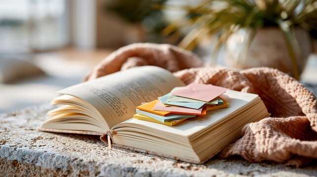 An open book adorned with colorful sticky notes, surrounded by indoor plants, inviting a sense of creativity, knowledge, and comfort in a cozy reading nook.