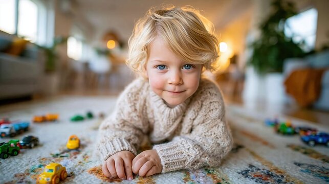 A charming young boy with curly hair smiles while playing with colorful toy cars on a soft carpet, embodying the joy and innocence of childhood in a playful indoor environment.