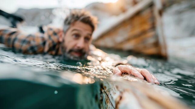 A gritty image of a man struggling in tumultuous waters highlights the themes of resilience and survival against the backdrop of nature's raw power and beauty.