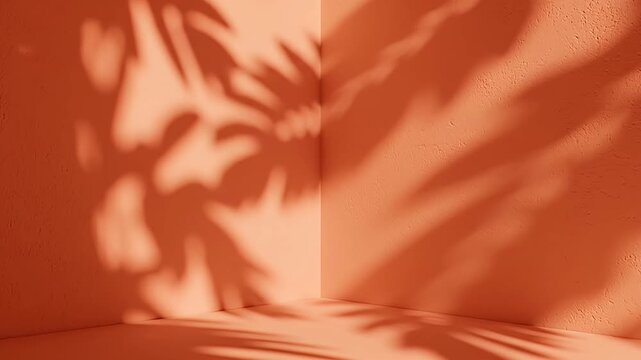 Plant leaf shadows on orange corner walls.
