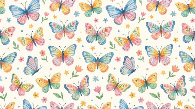 Delicate watercolor butterfly seamless pattern set featuring colorful insect wing design and elegant artistic floral element for creative textile wallpaper and scrapbooking decoration
