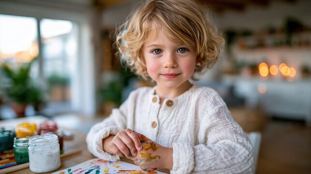 A charming young child with curly hair is engrossed in painting, showcasing creativity and spontaneity that illustrates the joys of childhood and artistic exploration.