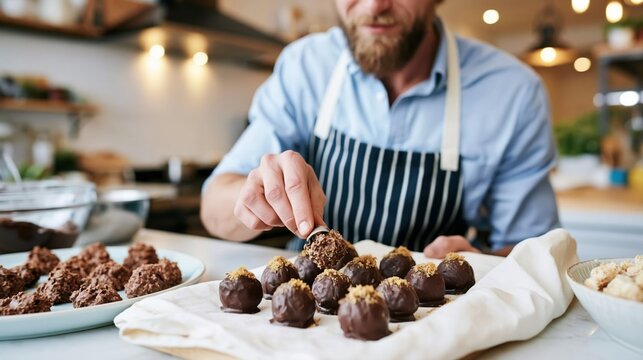 A skilled chef is carefully decorating delicious chocolate truffles, showcasing culinary craftsmanship in a modern kitchen filled with warmth and creativity.