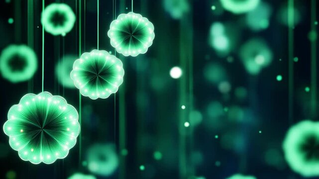 Glowing green virus cells on dark background