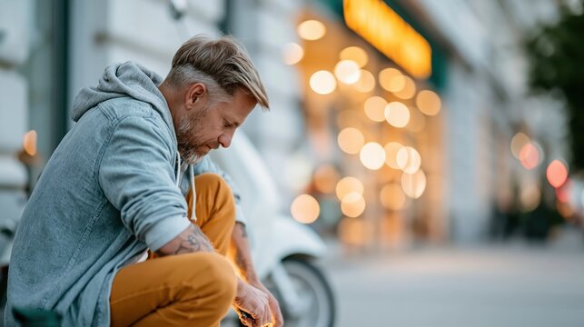A thoughtful older man with a beard and stylish haircut sits on steps outdoors, lost in deep contemplation against a softly lit background, showcasing introspective solitude.