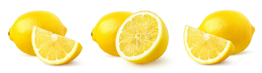 Set of whole and half fresh ripe lemon fruit isolated on white background