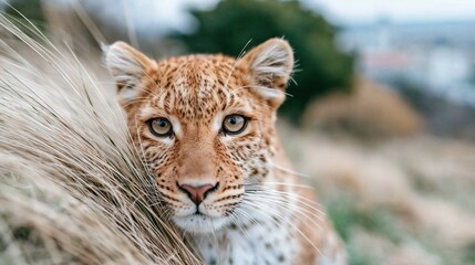 Obraz premium This striking image features a close-up view of a leopard resting peacefully among tall grasses, showcasing its beautiful spots and captivating gaze into the distance.