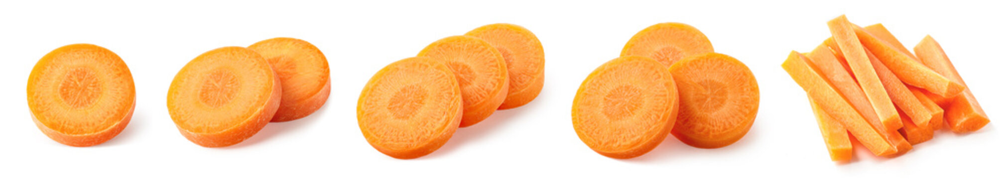 Fresh carrot slices and sticks on white background