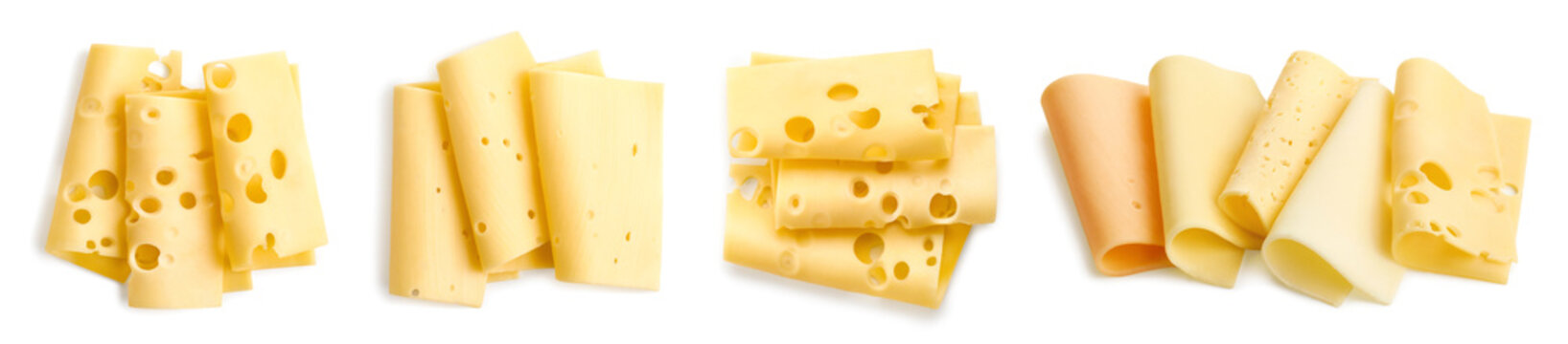 Set of various cheese slices on white background