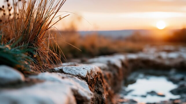 A tranquil scene of nature capturing the golden hues of sunset over grassy terrain, evoking feelings of peace and the beauty of the natural world during evening twilight.