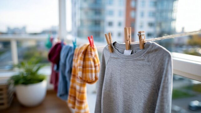 A vibrant display of colorful clothing hanging on a balcony clothesline, showcasing a delightful mix of textiles against a bright blue sky, adding warmth to urban living.