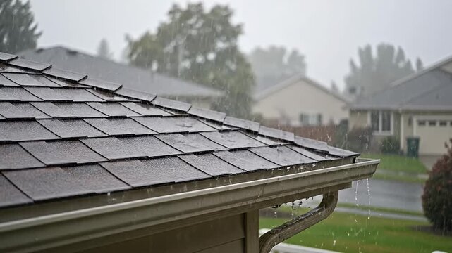 Rain falling on residential asphalt shingle roof and gutter.