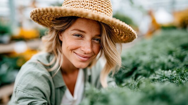 A gentle woman with a wide-brimmed hat smiles while nurturing her flourishing garden, showcasing her passion for nature and connection with the environment.
