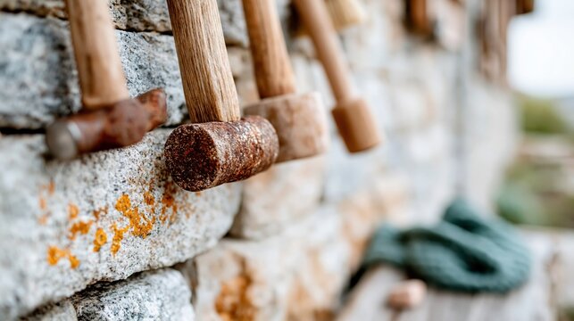 An artistic close-up showcasing rustic hammers hanging on an ancient stone wall, reflecting a fusion of tradition, craftsmanship, and aged beauty in the tools of creation.