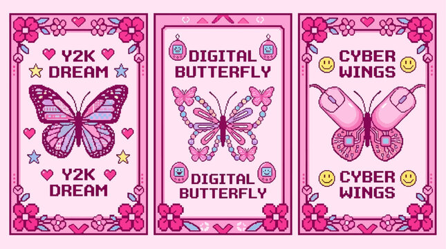 Comprehensive thirty two retro y2k aesthetic butterfly poster collection with pixel art ornament and decorative frame in minimal contemporary digital design style for creative graphic project