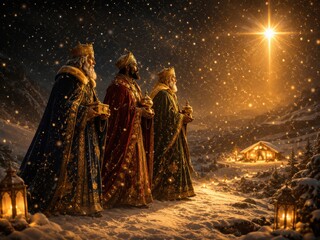 Die Heiligen Drei Könige mit Laternen und Gaben blicken auf den Stern von Bethlehem. Stimmungsvolle Winternacht mit verschneitem Dorf und warmem Lichterglanz.
