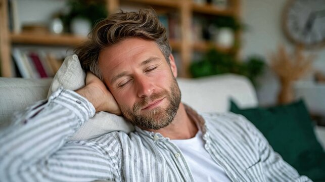 A tranquil scene of a man resting comfortably on a couch showcasing the importance of relaxation and self-care amidst a cozy home environment filled with warmth.