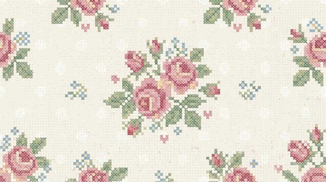 Elegant pink rose floral embroidery seamless pattern with vintage cross stitch texture, chic cottagecore aesthetic, decorative polka dot background, romantic textile design for wallpaper.