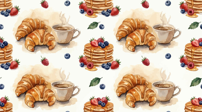 Artistic watercolor seamless pattern featuring a traditional French breakfast with delicious flaky croissants, aromatic coffee, fluffy pancakes, and morning delicacies on a white background.