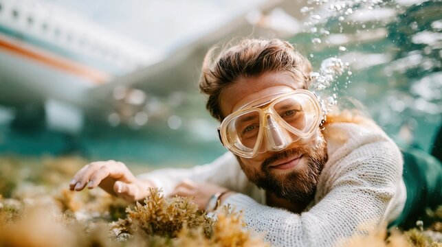 A diver explores an undersea landscape, surrounded by vibrant aquatic life, embodying the allure and mystery of the underwater world as bubbles dance around him, reflecting light in the water.