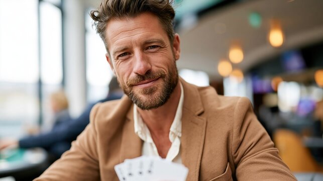 A sophisticated man displays playing cards in an upscale setting, illustrating a blend of casual fun and elegance, ideal for game enthusiasts and social gatherings.