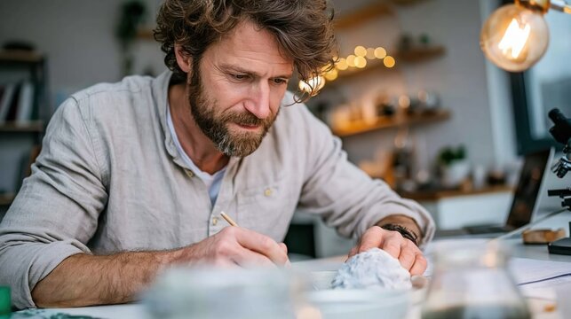 An artist meticulously carves artisan details on a piece, showcasing creativity and dedication in a cozy workspace filled with warm lighting and artistic inspiration.