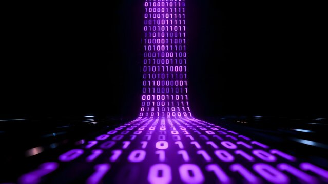 Purple binary code stream in dark space