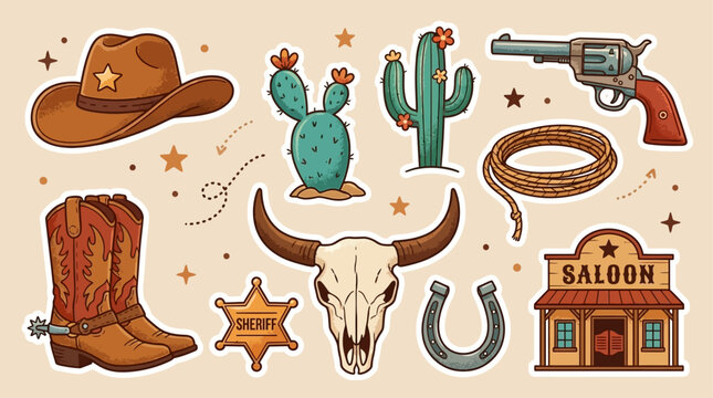 Retro Nineties Style Wild West Cowboy Sticker Collection Featuring Vintage Cartoon Outlaw Characters, Sheriff Star, Desert Cactus, and Classic Frontier Symbols in Vibrant Pop Art Graphic Design.