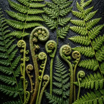 Green fern leaves and fiddleheads on dark background with water droplets