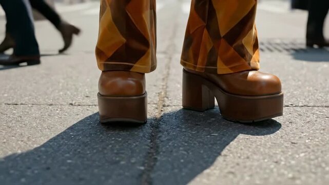 Person wearing 70s style platform boots and trousers is standing on the street, with pedestrians waling but, ground-level closeup shot.